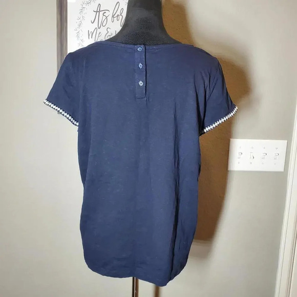 Talbots Navy Blue Embroidered Knit Top Blouse Size XP Plus Size Petite Boat Neck - Picture 2 of 15